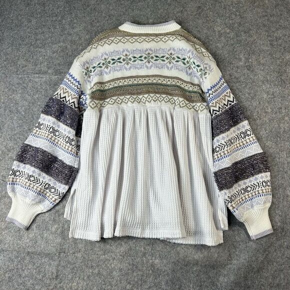 Free People Sweater Small Boho Cozy Cottage Metallic Fair Isle Knit Thermal - Picture 7 of 9
